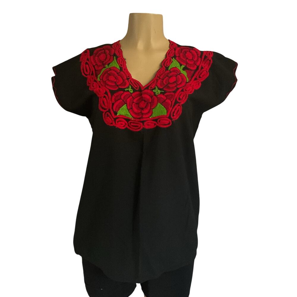 Mexican Embroidered Blouse Black with Red Roses Artisanal Floral Top Chiapas